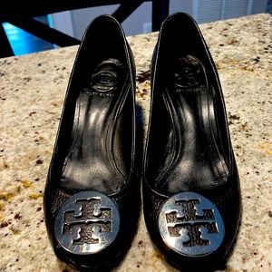 Tory Burch Black wedge size 9 with Silver Logo